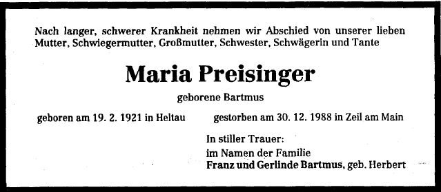 Bartmus Maria 1921-1988 Todesanzeige